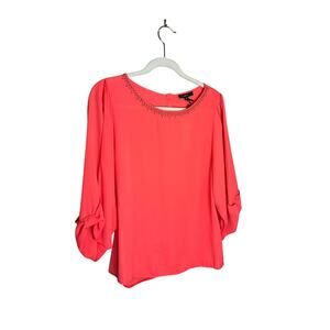 Idea New York Womens 3/4 Bow Sleeve Top Button Back Round Neck Orange Size L NWT